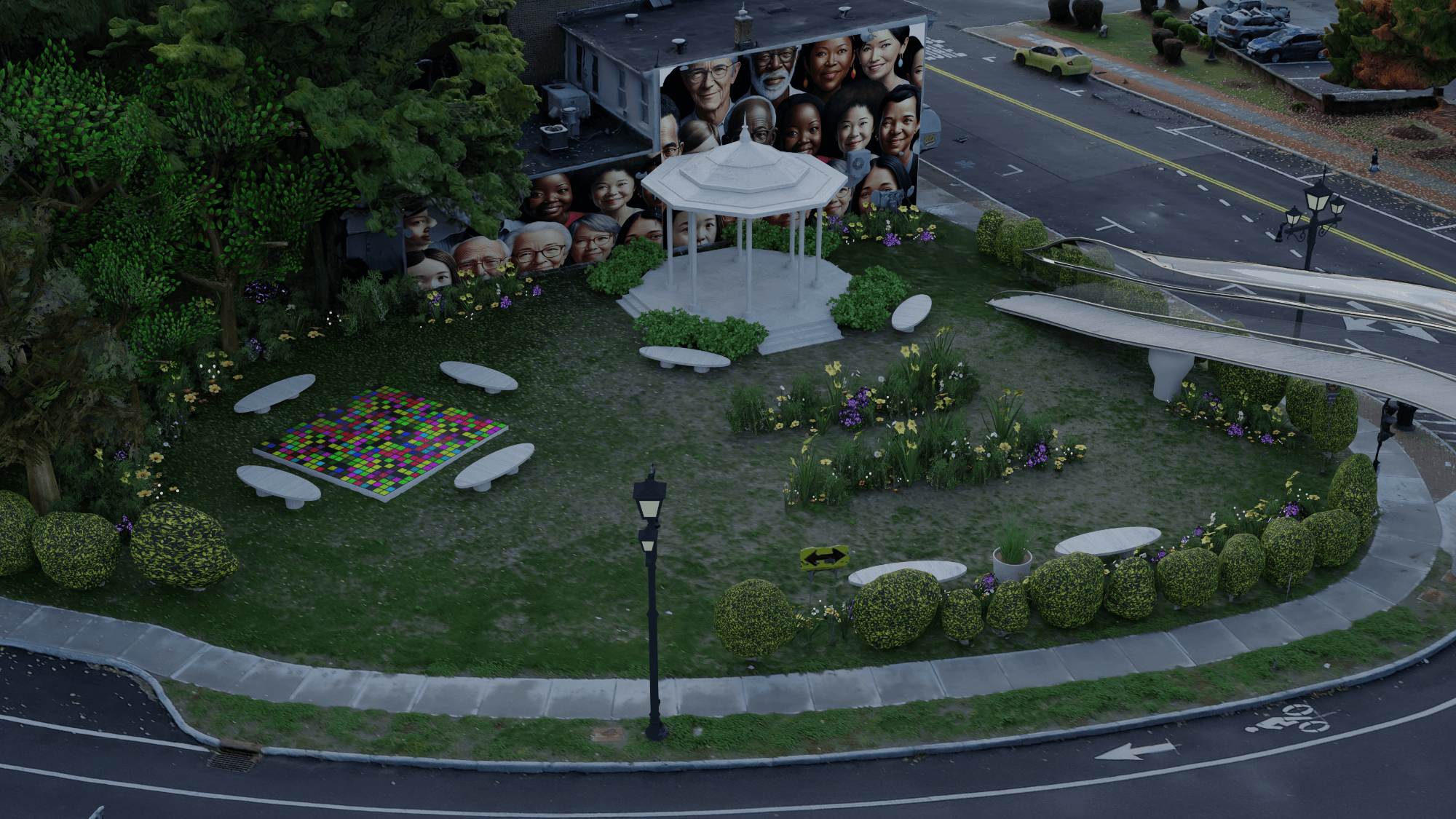 Post Office Park in Kingston, scanned and filled with a gazebo, a mural of faces, wildflower beds and a mosaic that are not there yet